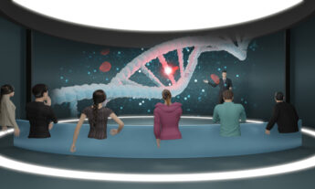 Un grupo de personas en el metaverso analizando una cadena de ADN