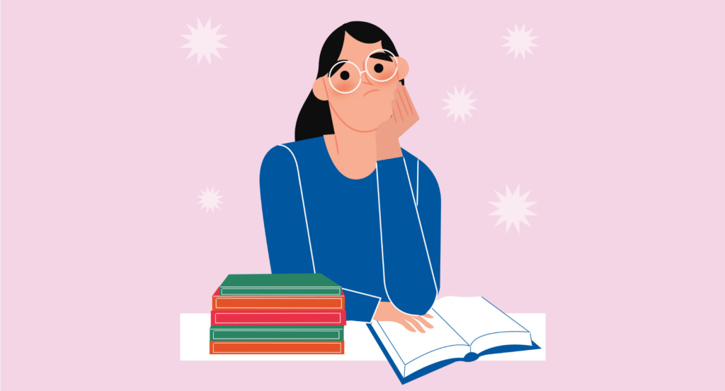 Mujer triste con gafas con libros apilados a un lado y un libro abierto.