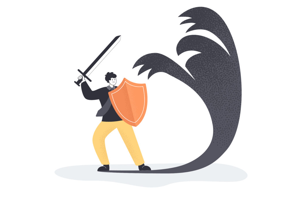 Persona con espada y escudo lucha contra un monstruo, el cual es su propia sombra.