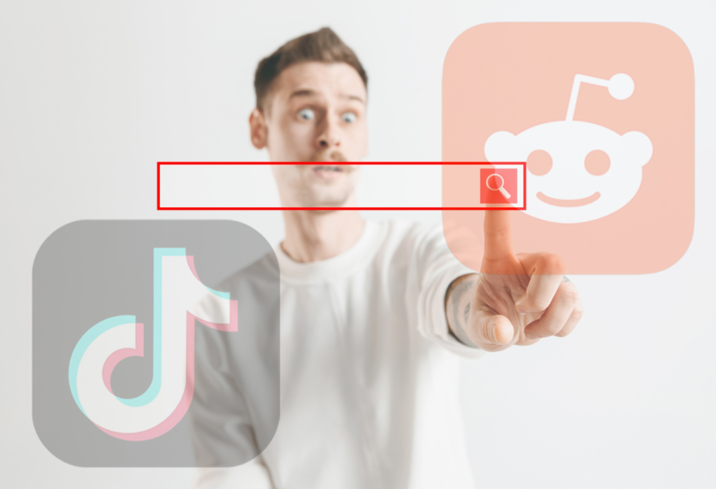Man looks for information online, transparencies with TikTok and Reddit icons are also on the image.