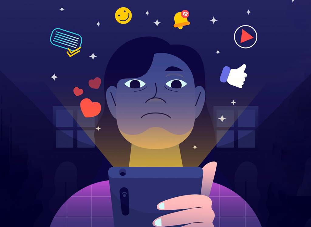 Mujer ve su teléfono en la oscuridad mientras salen símbolos de likes, comentarios, etc.