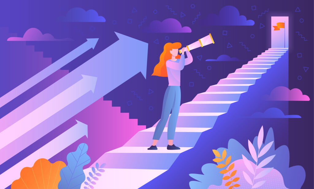 Persona que mira por un telescopio hacia el cielo, la cual está sobre una escalera (que va en dirección hacia arriba), la cual se dirige a una puerta abierta en su cúspide