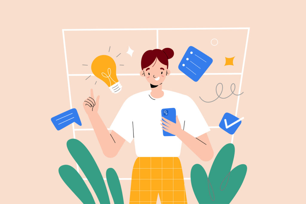Persona que sostiene un celular, el cual está rodeado de iconos de diversos colores