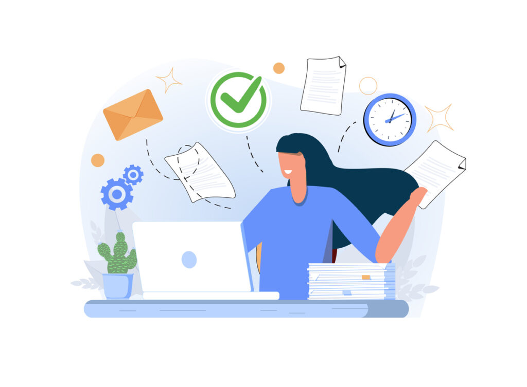 Persona trabajando en un escritorio rodeada de diferentes iconos.