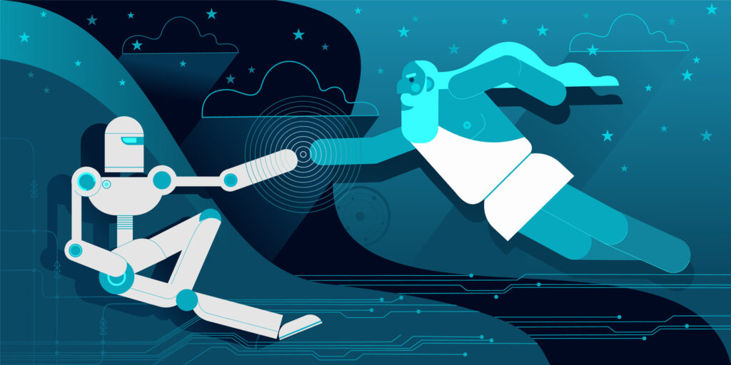 Illustración del cuadro la "mano de Dios" simulada con un robot y una persona de ascendencia griega