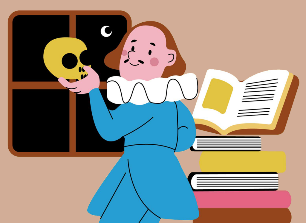 Man holds a skull besides a pile of books and a window at night.