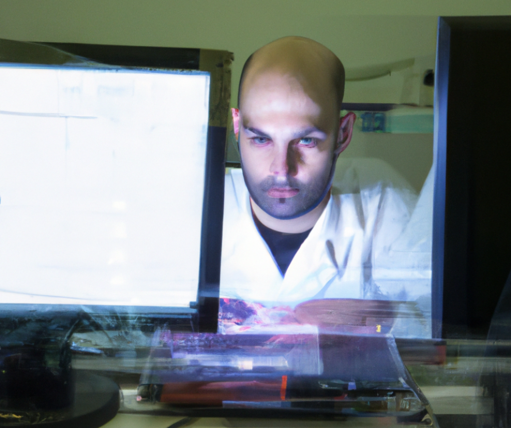 Ciencia e inteligencia artificial Científico en laboratorio creando datos falsos con inteligencia artificial