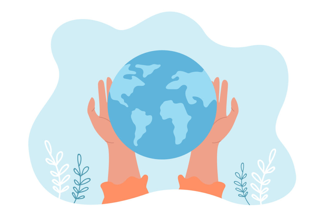 Ilustración de un globo terráqueo azul sostenido por dos manos