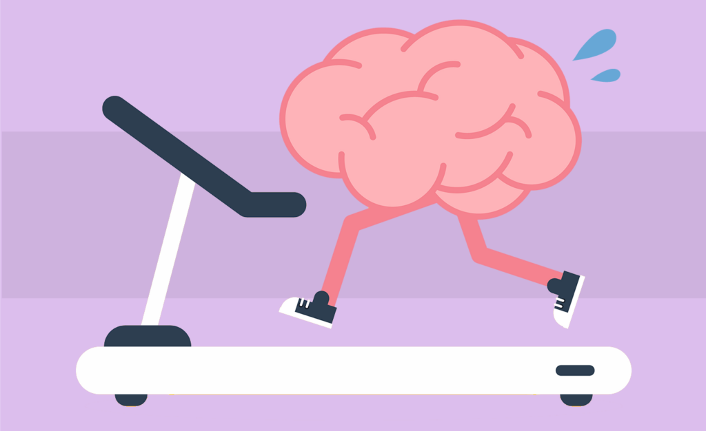 A brain with legs runs on a treadmill.
