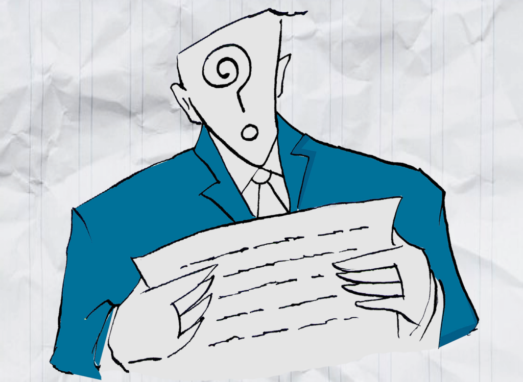 Persona en traje con un signo de interrogación como cara sostiene un trozo de papel con ambas manos.