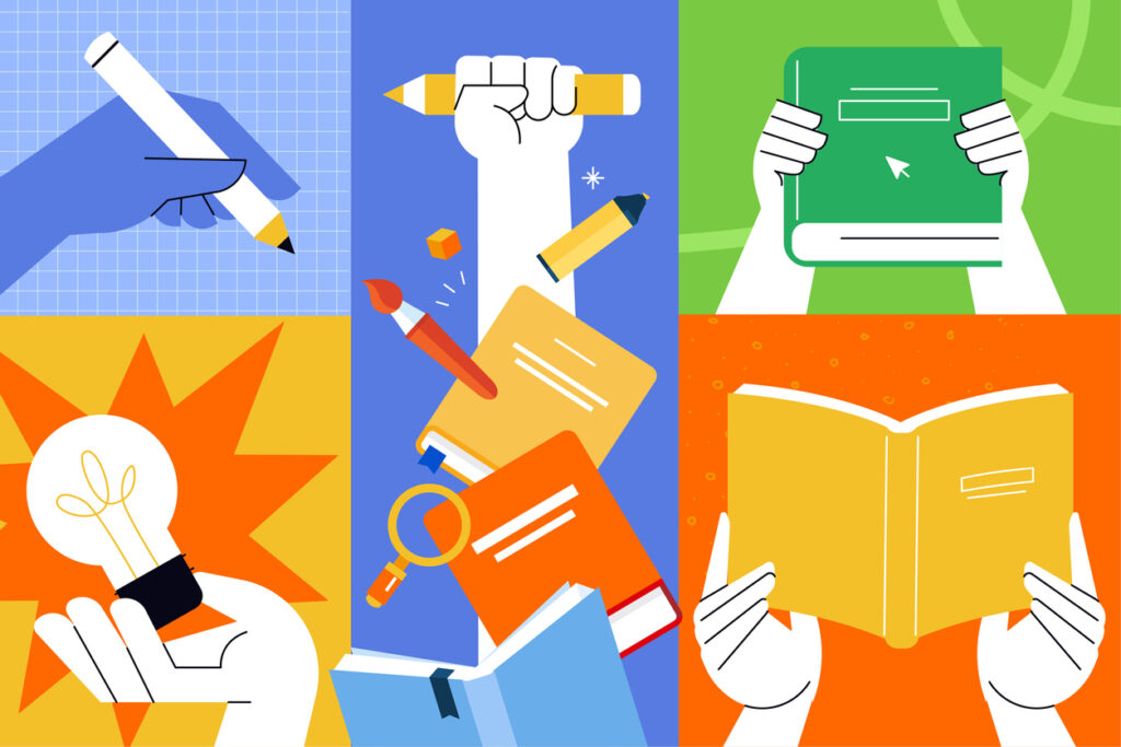 Ilustración de varios elementos abstractos del aprendizaje, tales como libros y la representación de ideas