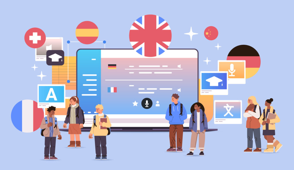 Ilustración con una laptop de fondo, en primer plano con estudiantes de diversos idiomas, así como pequeñas pestañas con íconos referentes al aprendizaje de idiomas