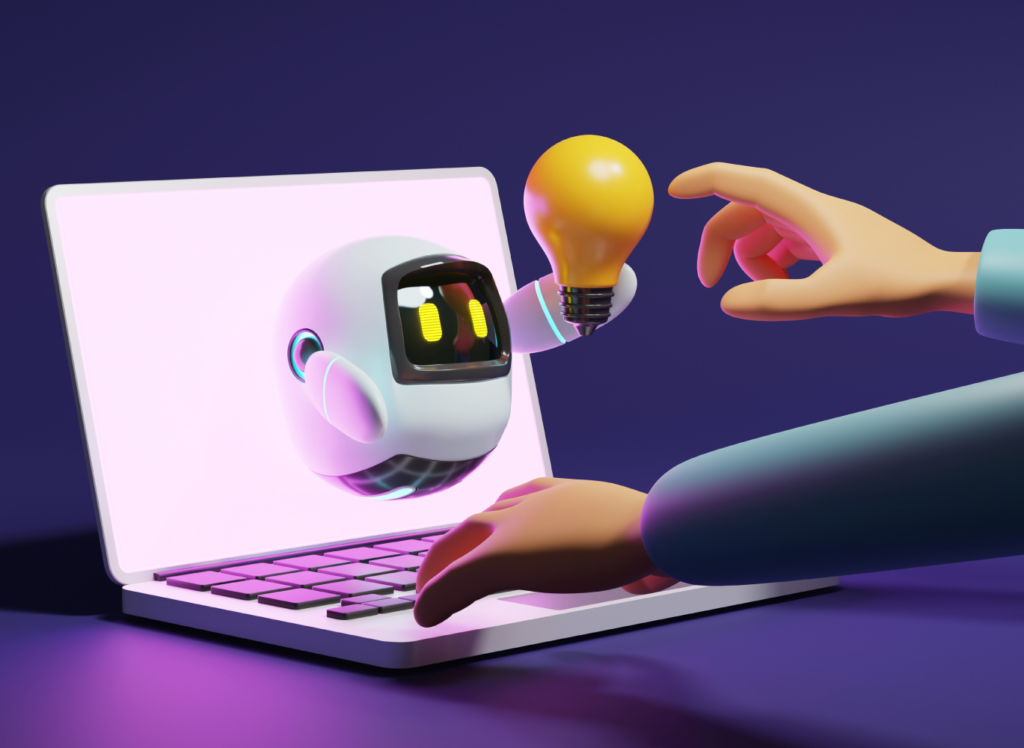 Small robot coming out of a portable computer gives an idea to a person.