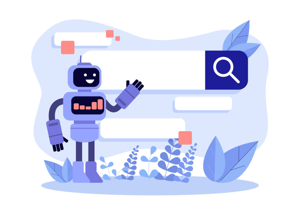 Ilustración de un robot con un motor de búsqueda al fondo