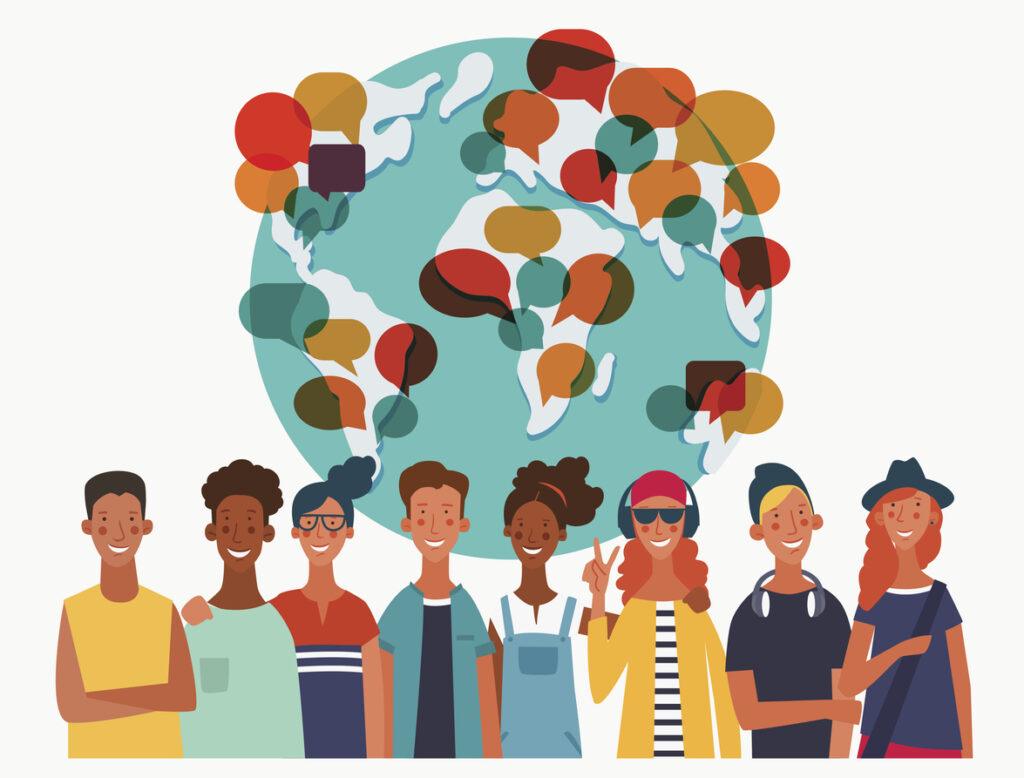 Group of young people with world map. Communication, teamwork and connection vector concept