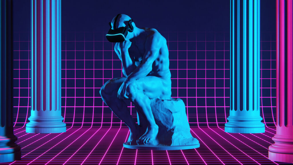 La estatua del pensador con lentes de realidad virtual