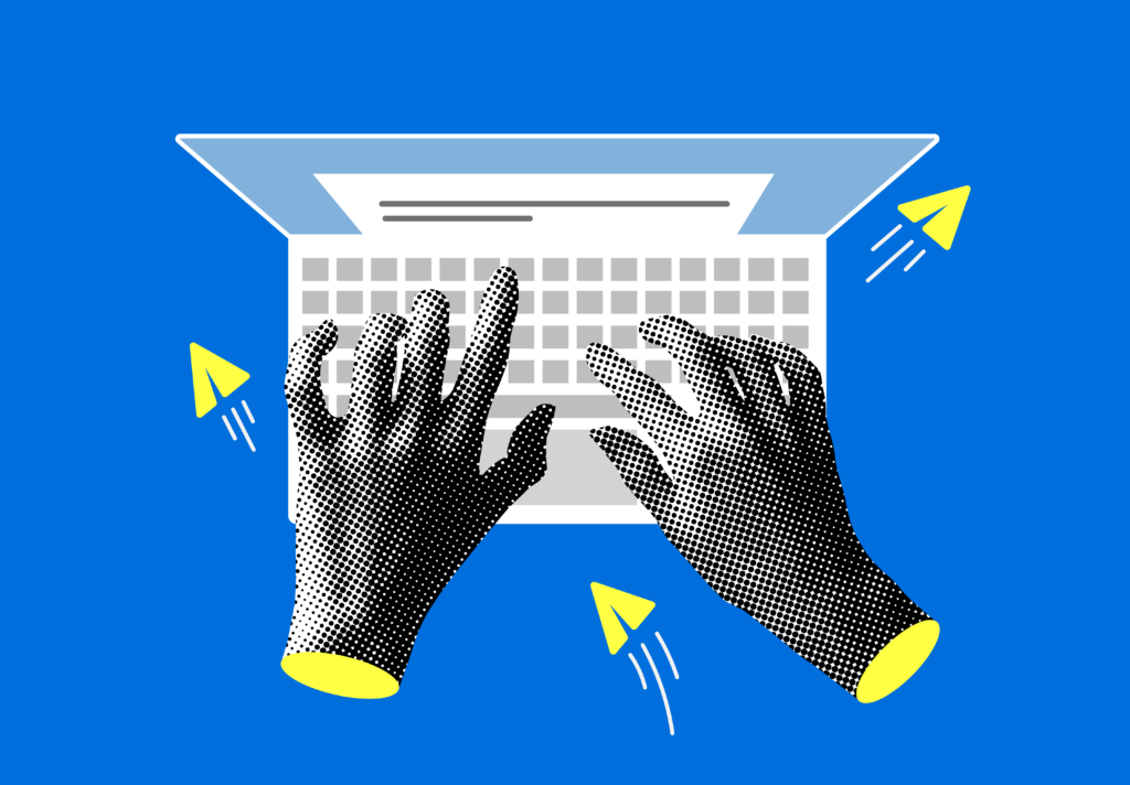 Hands are seen typing on a computer.