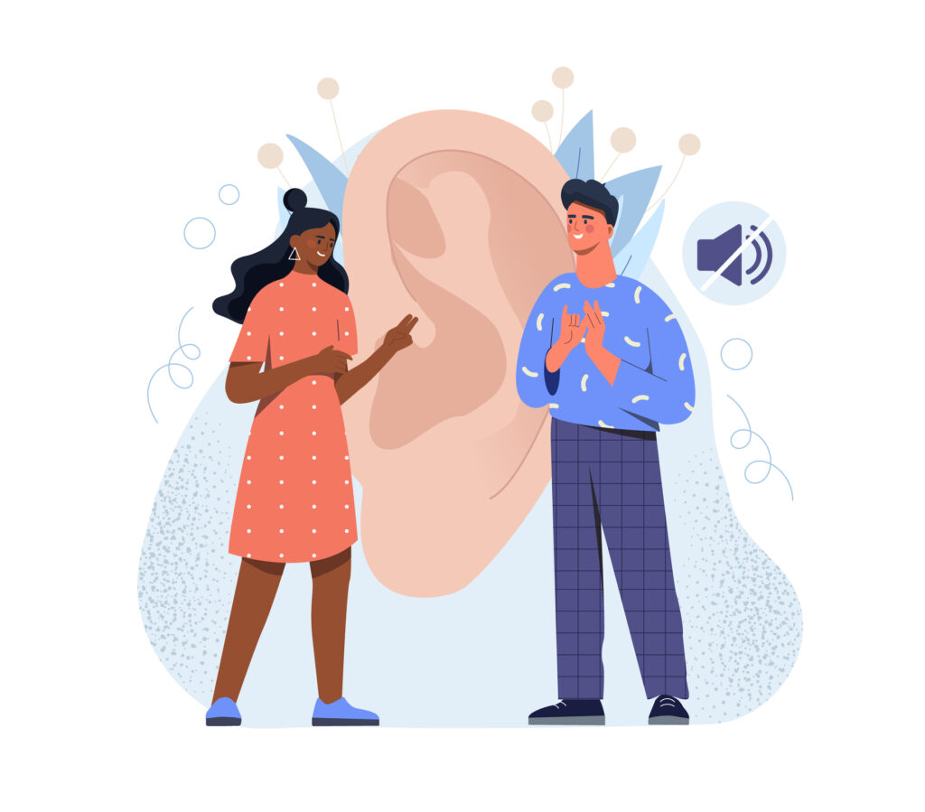 Male and female deaf characters are talking with hand gestures on white background. Ear and mute sign. Concept of hearing loss, communication, sign language. Flat cartoon vector illustration