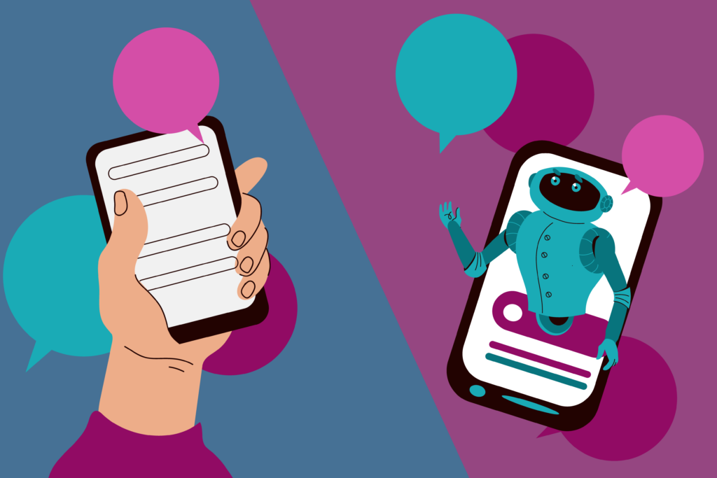 Hand holding a phone on one side and robot on another phone on the other side.
