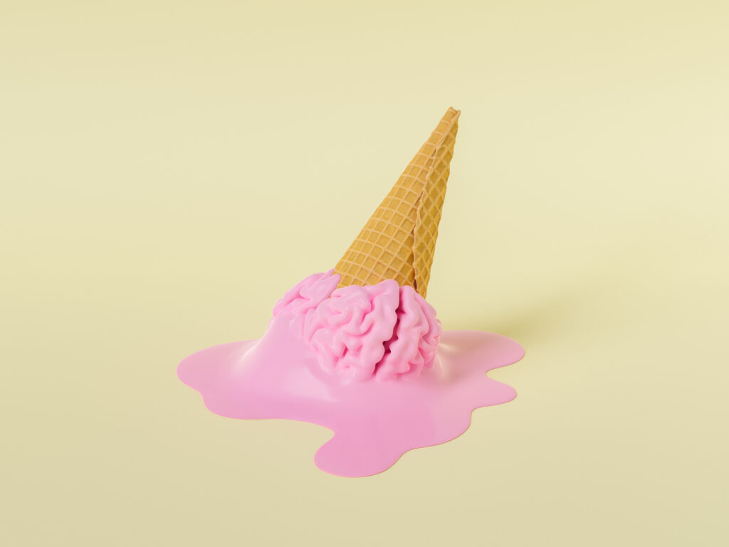 Helado con forma de cerebro se derrite en el piso.