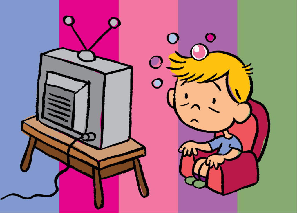Niño mareado frente al televisor con un fondo de colores.