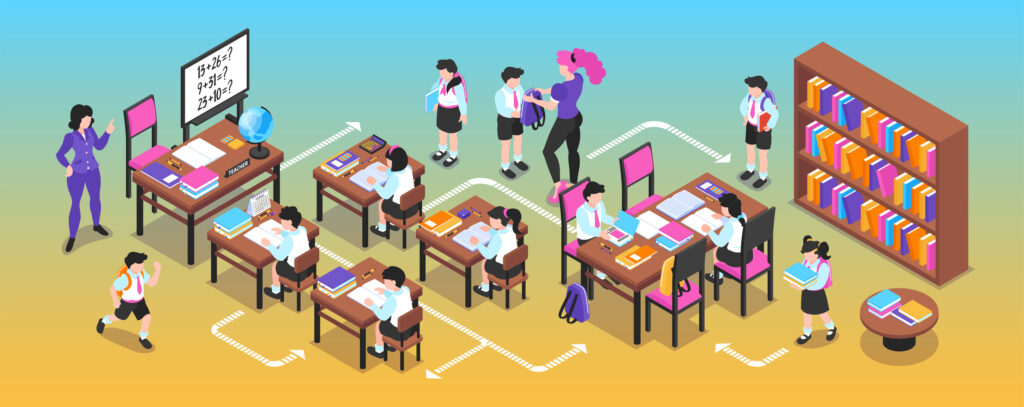 personas aprendiendo y desarrollando actividades en un salón de clases