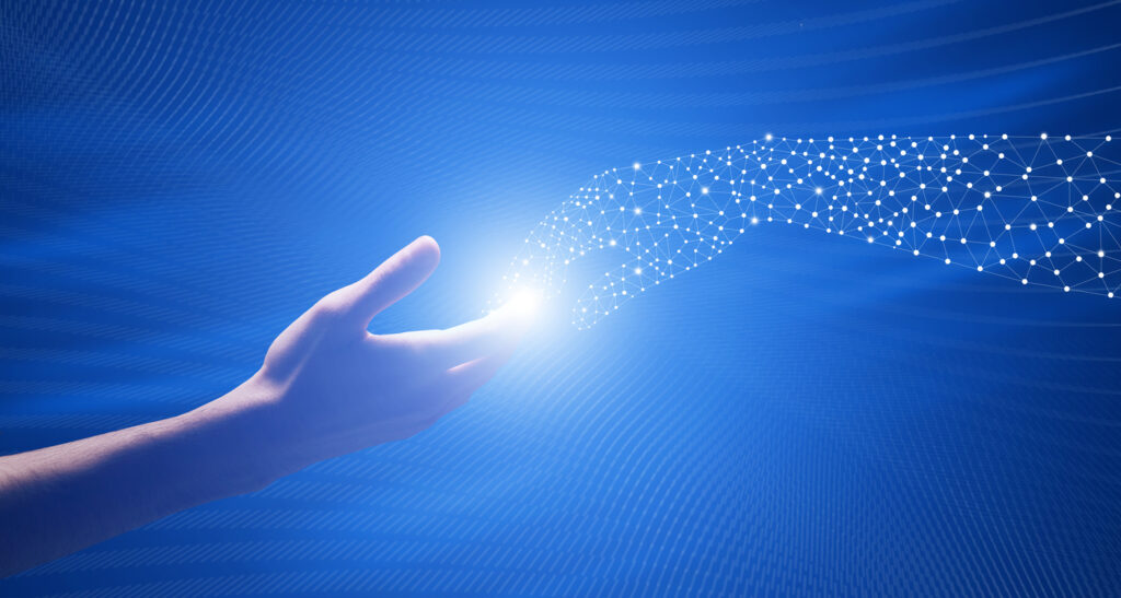 Ilustración de una mano humana y una artificial tratando de conectar