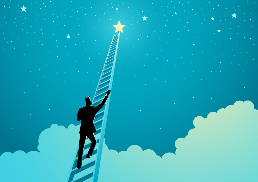 Hombre subiendo escaleras en el cielo para alcanzar una estrella.