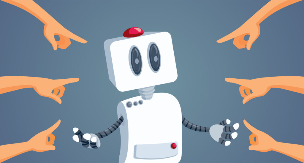 Ilustración de un robot siendo señalado por humanos