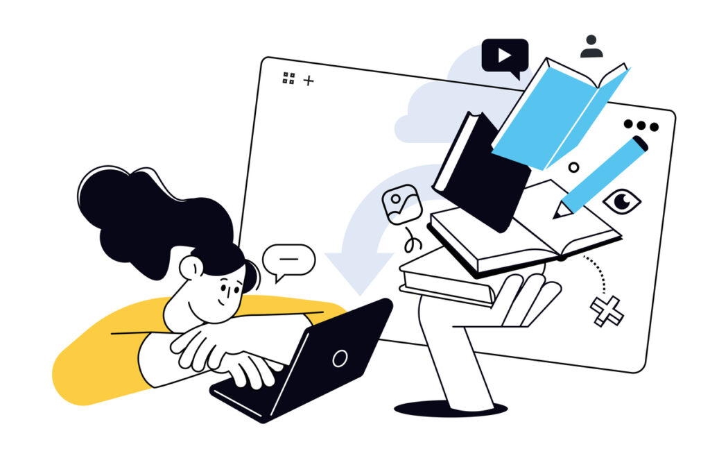 Ilustración de una persona usando una laptop y aprendiendo virtualmente