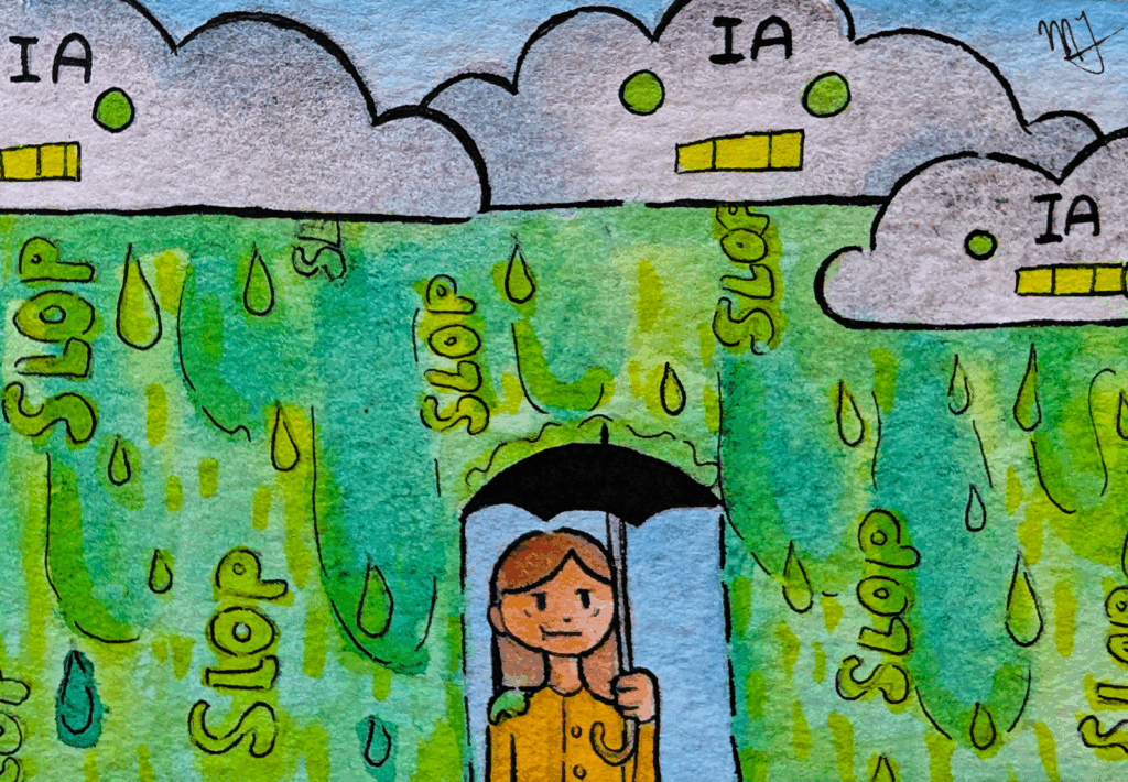 Chica enojada se protege con un paraguas de la bazofia que arrojan unas nubes de IA generativa.