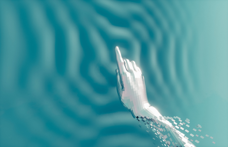 Ilustración de una mano robótica que se desintegra sobre el agua