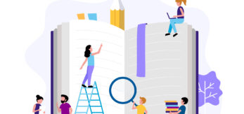 personajes de gente pequeña haciendo varias tareas alrededor de gran libro