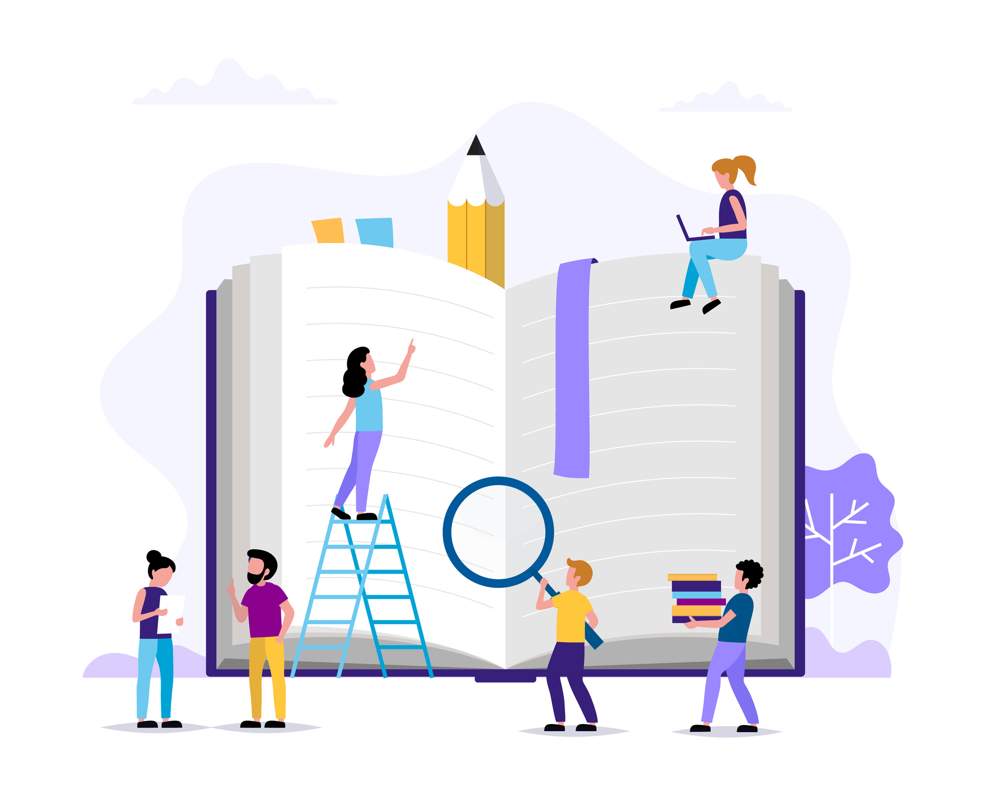 personajes de gente pequeña haciendo varias tareas alrededor de gran libro