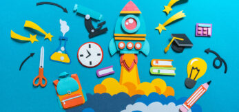 Rocket takes off paper craft. Back to school. Copy space. Blue background. Education concept