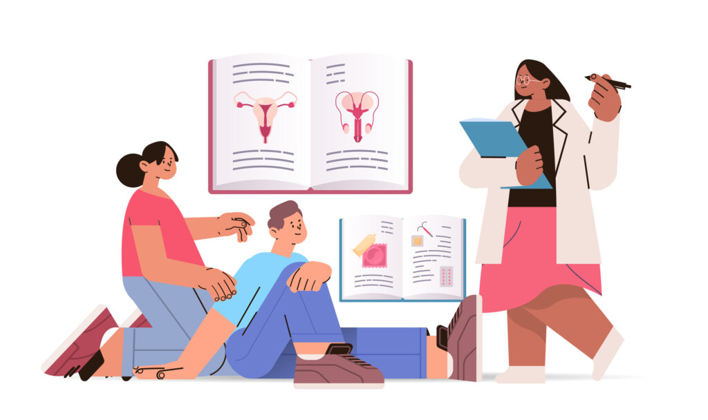 mujer enseñando a otras personas sobre educación sexual