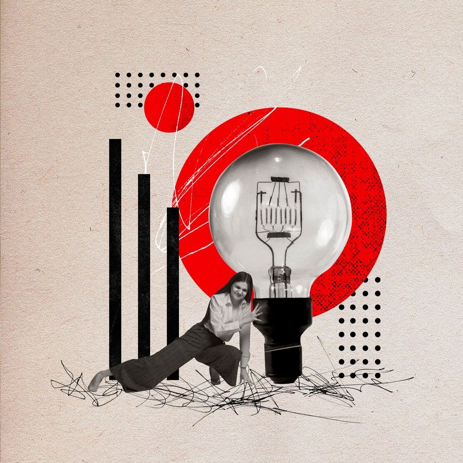 Contemporary art collage. Motivated young woman tries move huge light bulb off ground against light background, symbolizing start of new project. Concept of business development, startup, career. Ad