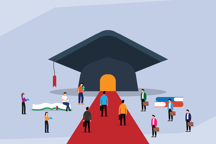 Higher Education Path to Career Success with Graduation Cap and Red Carpet 2d flat vector illustration